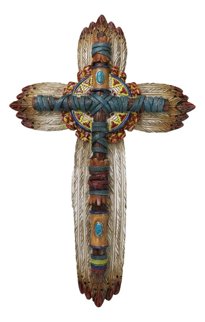ebros gift Southwestern Tribal Indian Feathers Turquoise Rocks Navajo Symbols Wall Cross