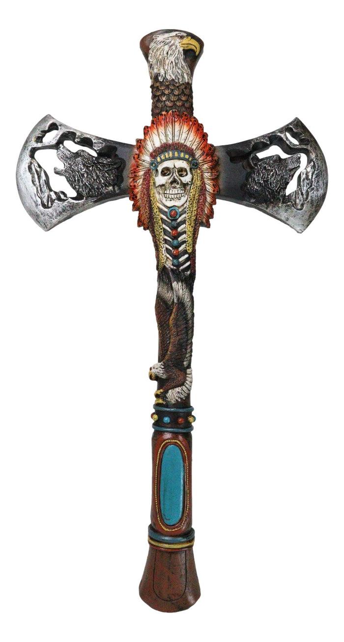 ebros gift Southwestern Tribal Indian Headdress Chief Skull Eagle Wolf Hand Axe Wall Cross