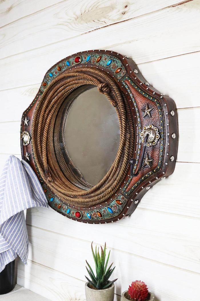 Ebros Gift Southwestern Turquoise Beaded Western Lasso Ropes Stars Wall Mirror With 2 Hooks