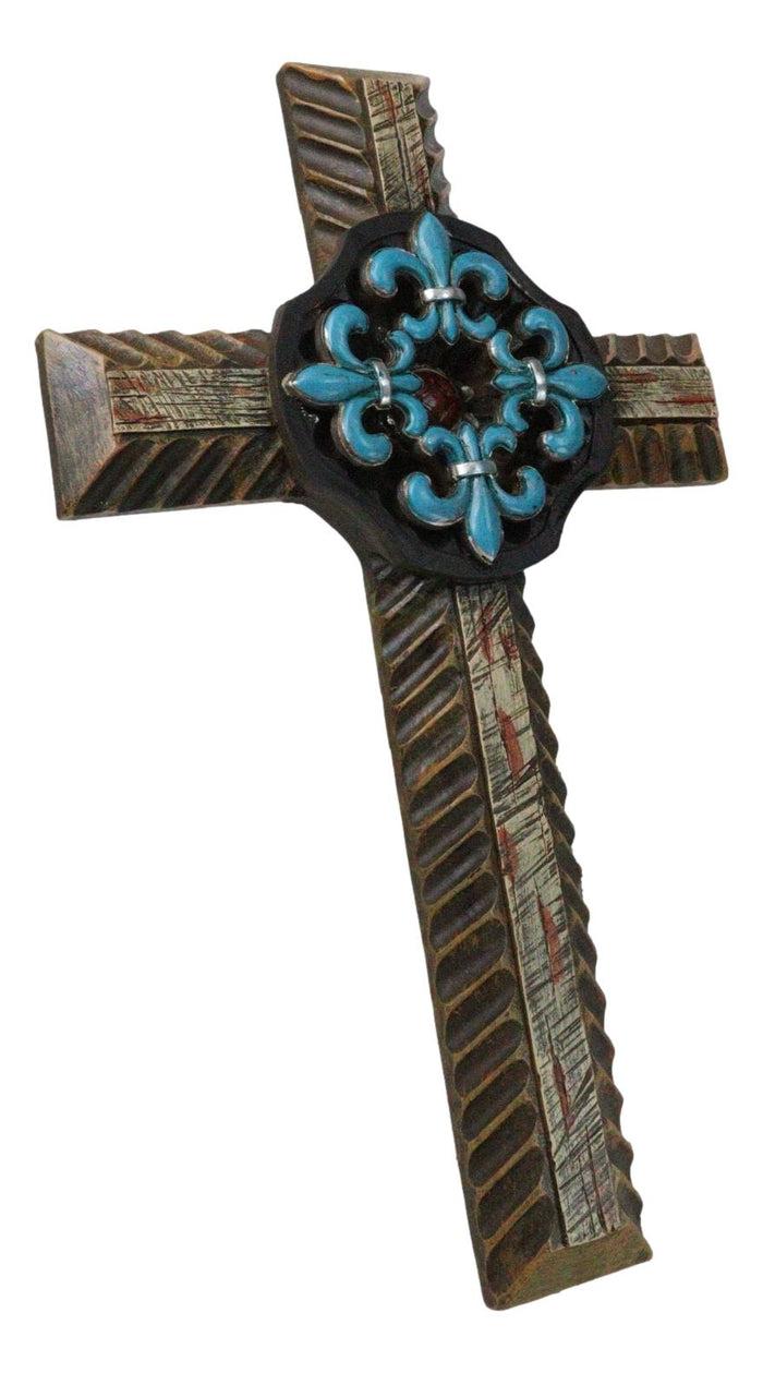 Ebros Gift Southwestern Turquoise Fleur De Lis French Lily Faux Wooden Wall Cross Plaque