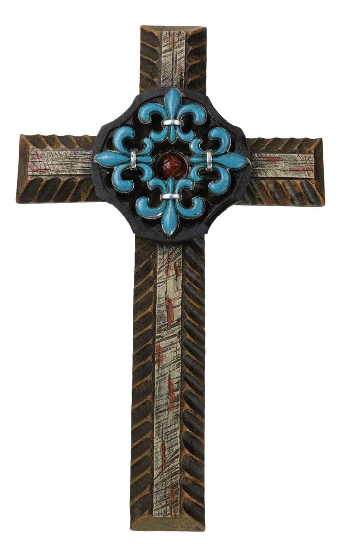 ebros gift Southwestern Turquoise Fleur De Lis French Lily Faux Wooden Wall Cross Plaque