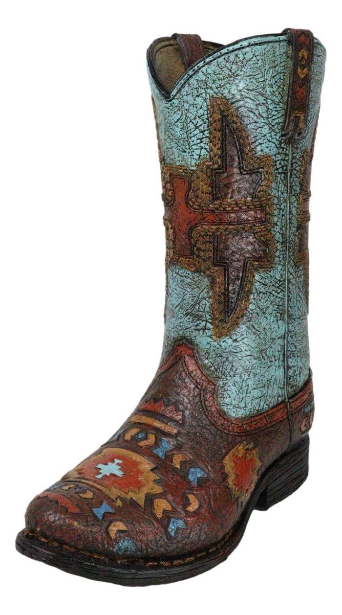 Ebros Gift Southwestern Turquoise Tribal Aztec Patterns Faux Leather Cowboy Boot Vase