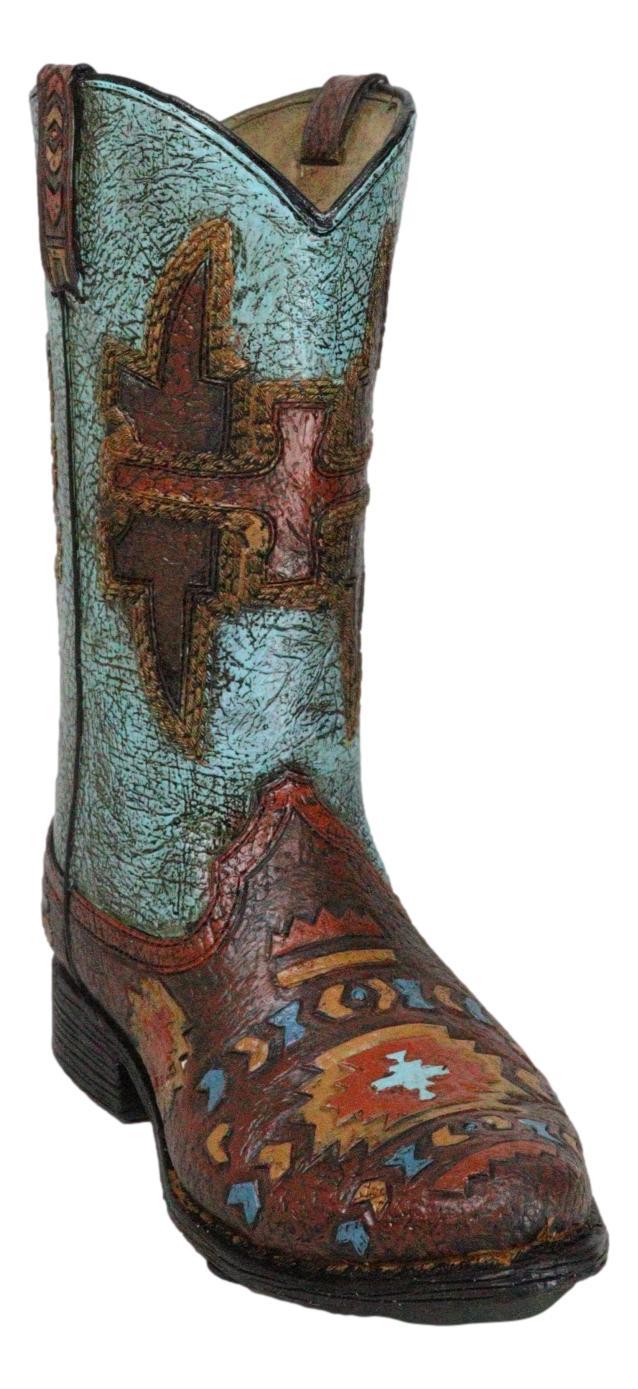 Ebros Gift Southwestern Turquoise Tribal Aztec Patterns Faux Leather Cowboy Boot Vase