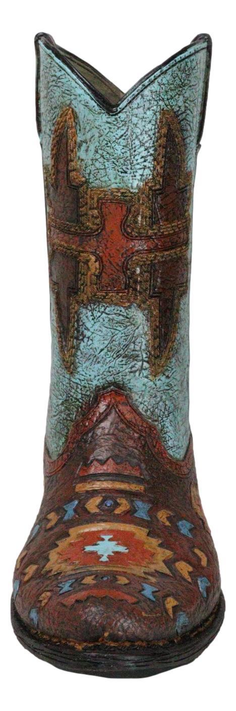 Ebros Gift Southwestern Turquoise Tribal Aztec Patterns Faux Leather Cowboy Boot Vase