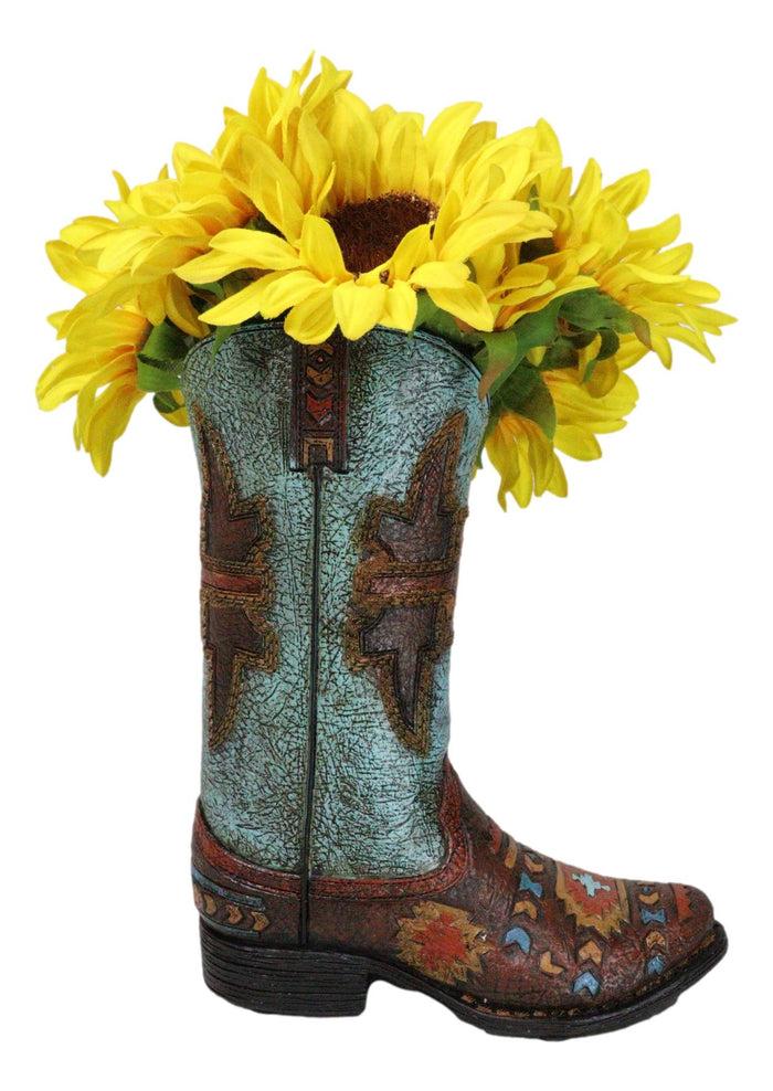 ebros gift Southwestern Turquoise Tribal Aztec Patterns Faux Leather Cowboy Boot Vase