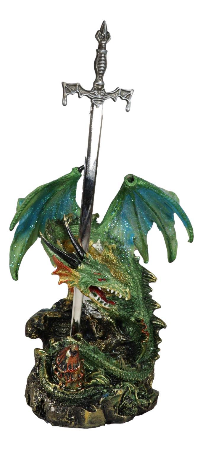 Ebros Gift Sparkly Green Knight Dragon Holding Tiki Bat Sword Letter Opener Figurine