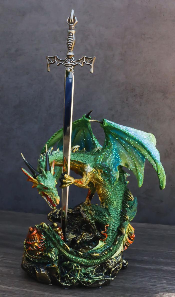 ebros gift Sparkly Green Knight Dragon Holding Tiki Bat Sword Letter Opener Figurine