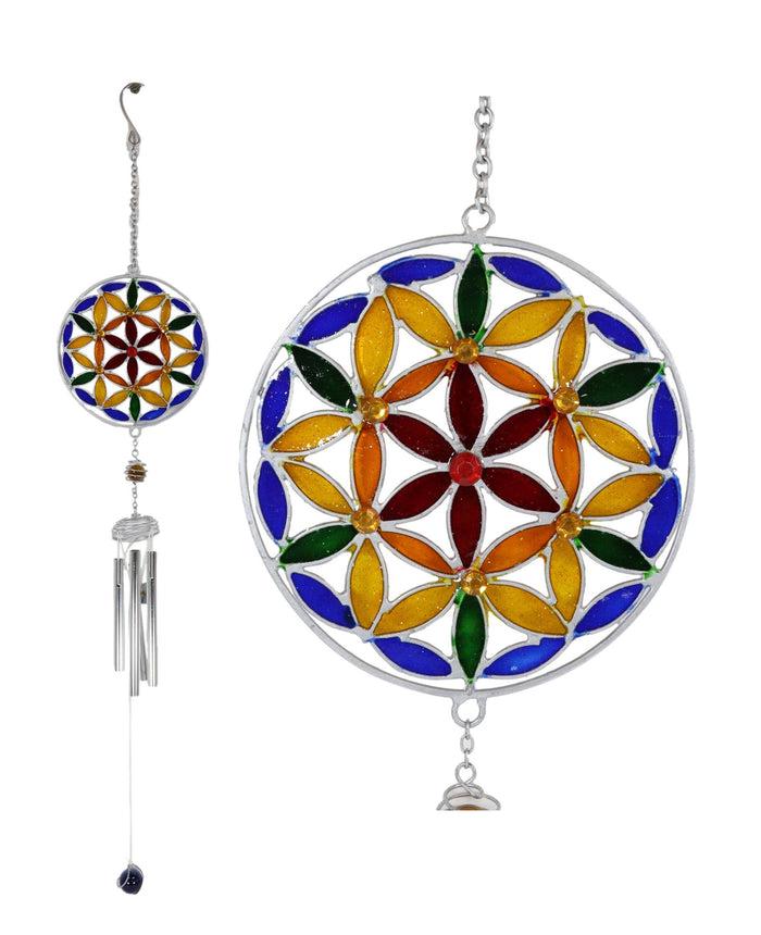 ebros gift Stained Glass Colorful Flower Of Life Sacred Geometry Metal Wind Chime Suncatcher
