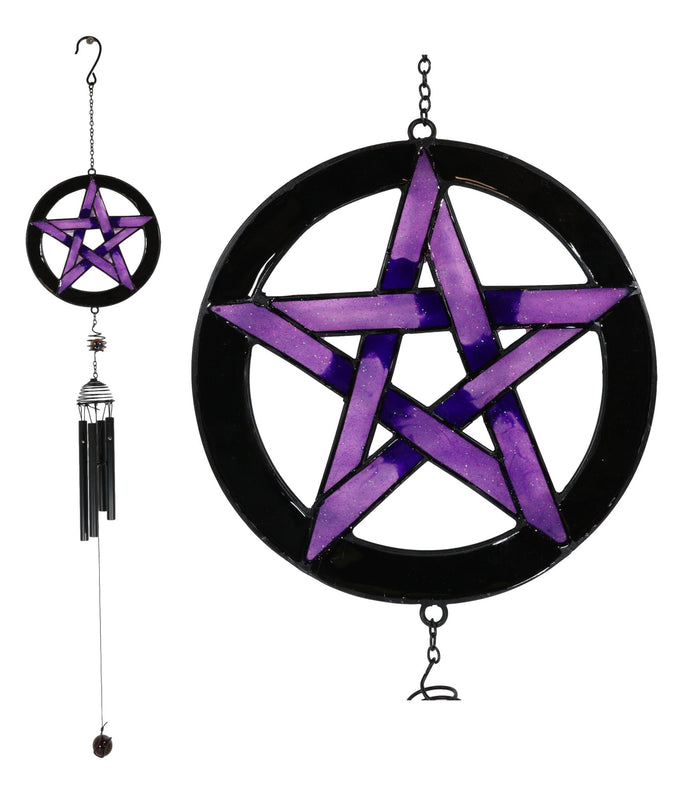 ebros gift Stained Glass Pentagram Circle Sacred Geometry Metal Wind Chime Suncatcher