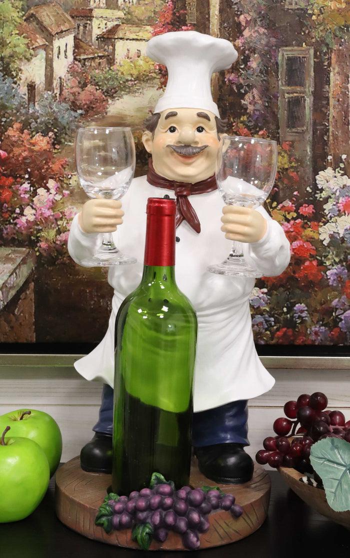 ebros gift Standing Chef Paul Vineyard Wine Bottle And 2 Glasses Holder Valet Statue 19"H