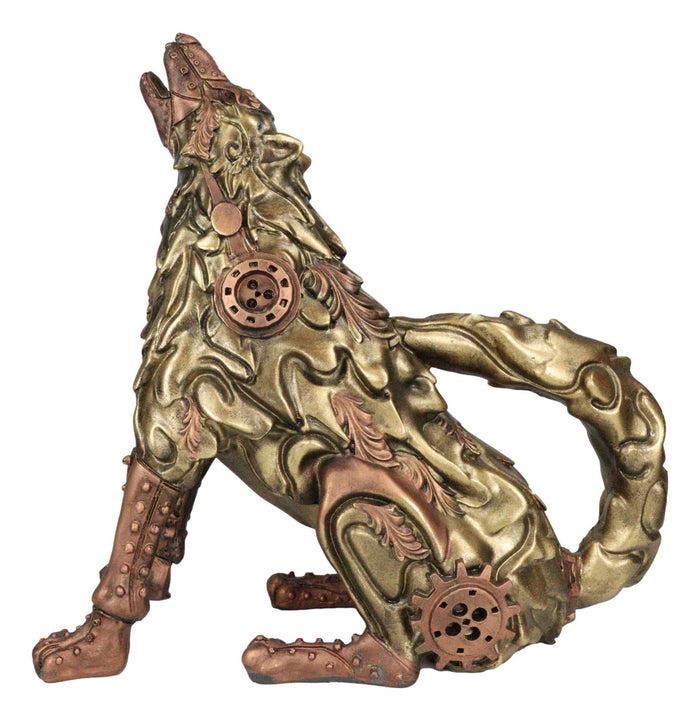 Ebros Gift Steampunk Armor Geared Golden Robotic Alpha Wolf Howling At The Moon Statue