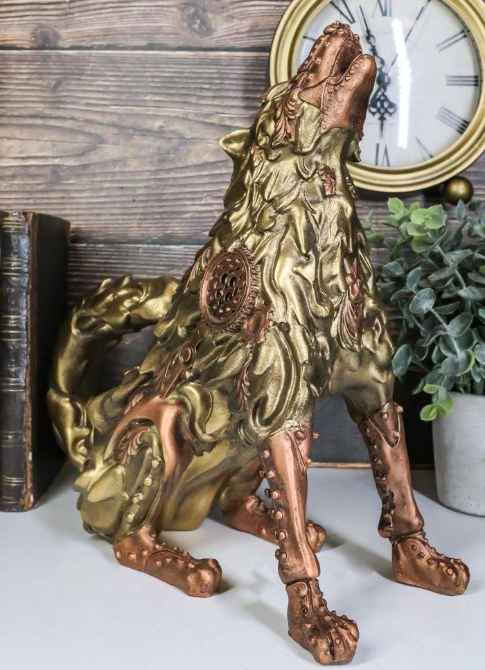 ebros gift Steampunk Armor Geared Golden Robotic Alpha Wolf Howling At The Moon Statue