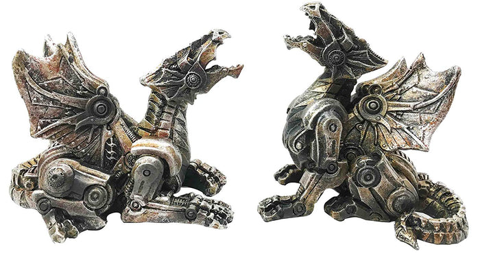 ebros gift Steampunk Cyborg Cyclone Roaring Dragon Pair Figurine Set of 2 Collectible