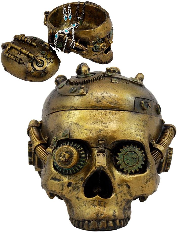 Ebros Gift Steampunk Cyborg Robotic Skull Jewelry Box Figurine 7.5"L Skull Bowl Container
