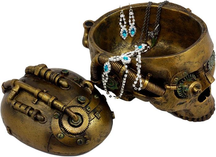 Ebros Gift Steampunk Cyborg Robotic Skull Jewelry Box Figurine 7.5"L Skull Bowl Container