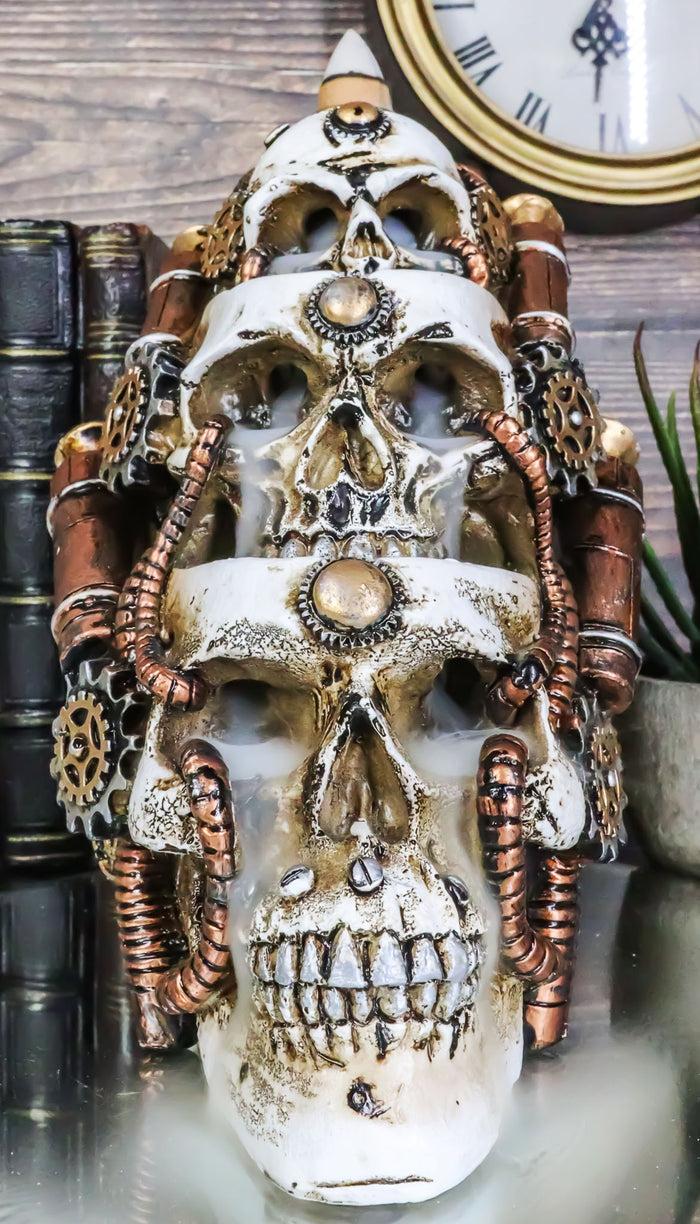 ebros gift Steampunk Geared Trio Skulls Smoke Waterfall Backflow Incense Cone Tower Burner
