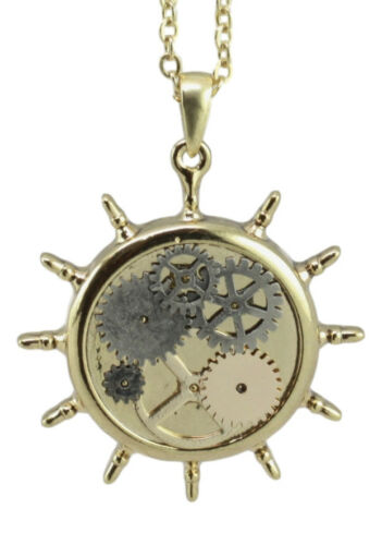 ebros gift Steampunk Golden Maritime Wheel With Gearwork Clockwork Design Pewter Necklace