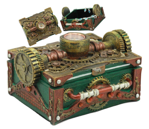 Ebros Gift Steampunk Mechanical Gears Design Secret Jewelry Box With Navigational Compass