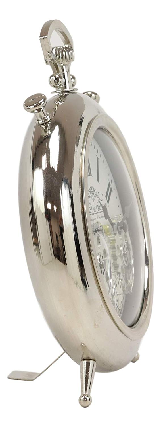 Ebros Gift Steampunk Moving Gears European Victorian Vintage Style Shiny Chrome Table Clock
