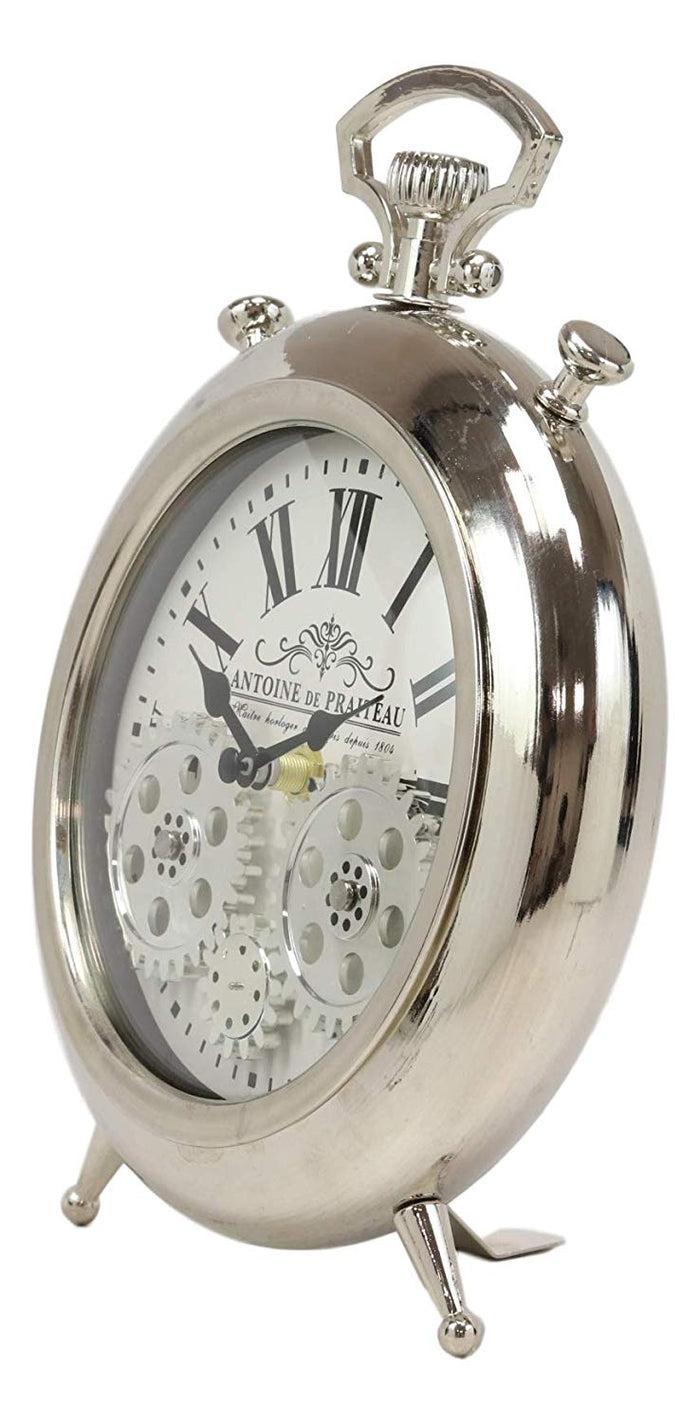 Ebros Gift Steampunk Moving Gears European Victorian Vintage Style Shiny Chrome Table Clock