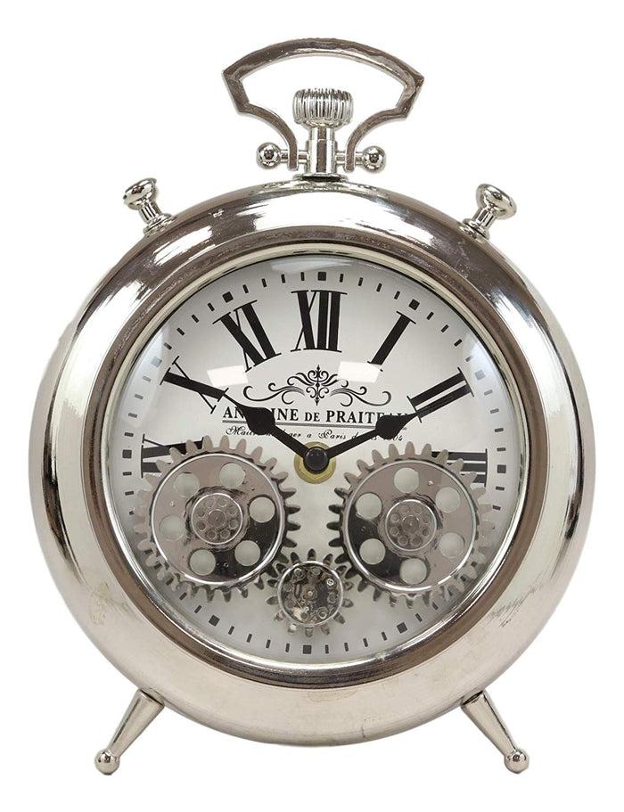 ebros gift Steampunk Moving Gears European Victorian Vintage Style Shiny Chrome Table Clock