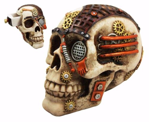 ebros gift Steampunk Painted Gear Clockwork Skull Cyborg Decorative Jewelry Box Figurine
