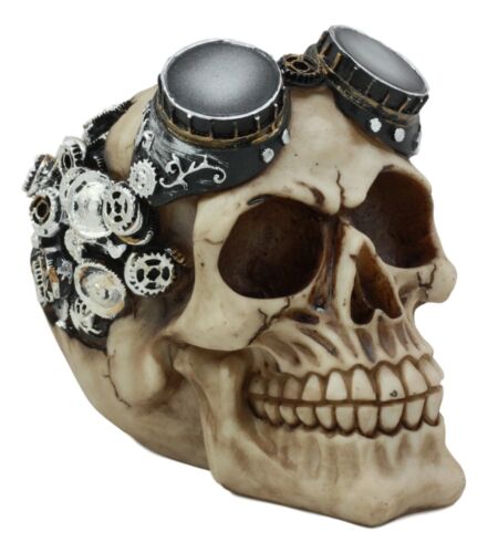 Ebros Gift Steampunk Pilot Aviator Cyborg Skull Figurine Painted Gearwork Robotic Sculpture