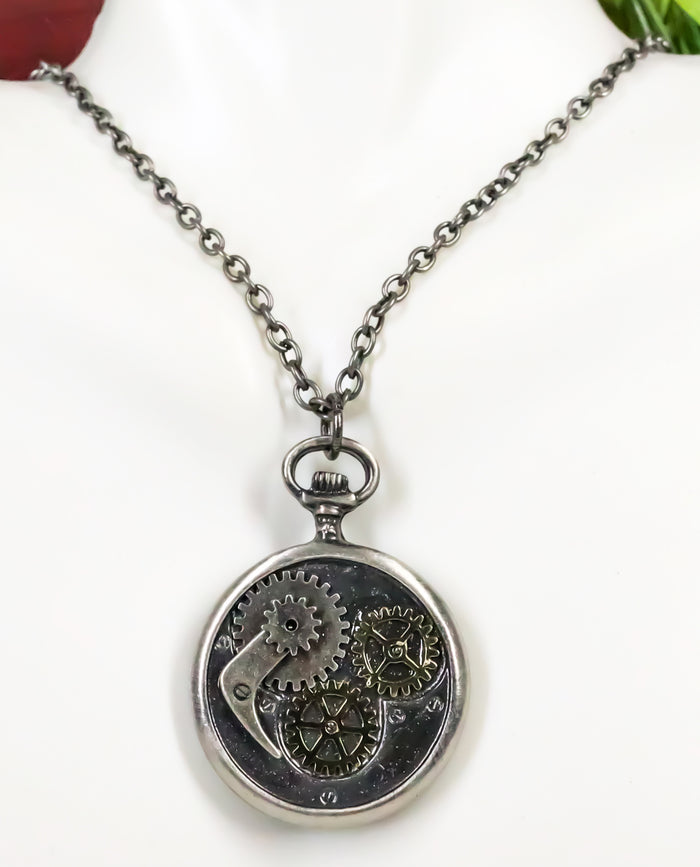 ebros gift Steampunk Scythe And Gears Clockwork Design Round Pewter Necklace Alloy Pendant