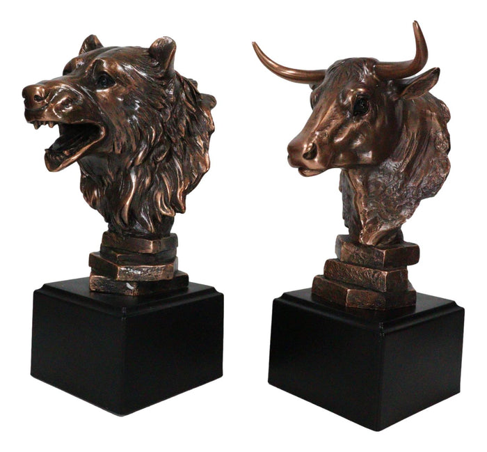 Ebros Gift Stock Market Roaring Bear And Bull Bust Bronze Electroplated Resin Figurines Set