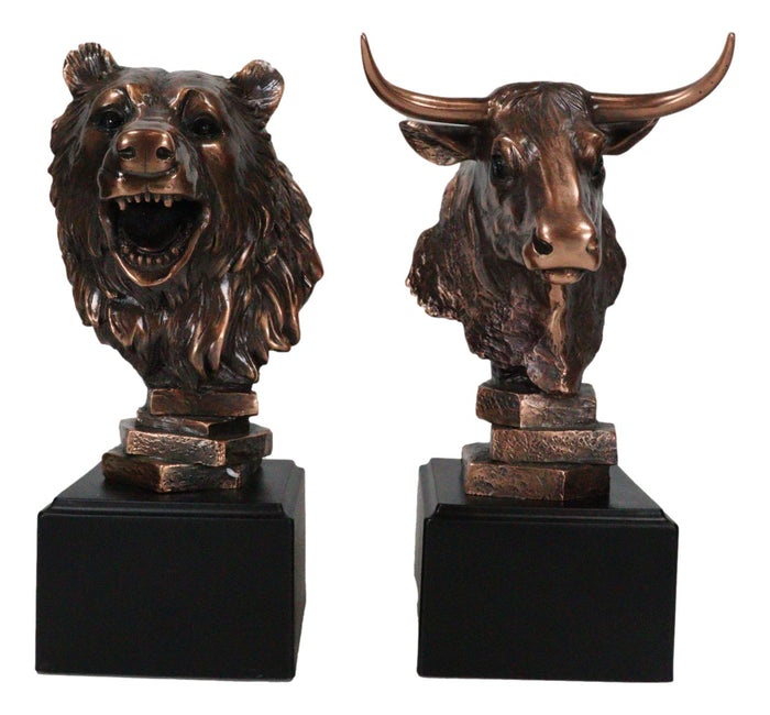 Ebros Gift Stock Market Roaring Bear And Bull Bust Bronze Electroplated Resin Figurines Set