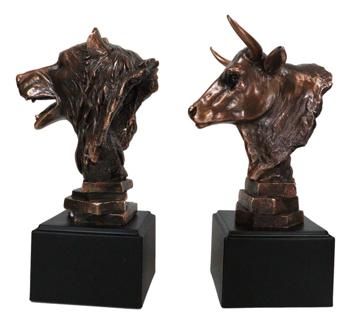 Ebros Gift Stock Market Roaring Bear And Bull Bust Bronze Electroplated Resin Figurines Set