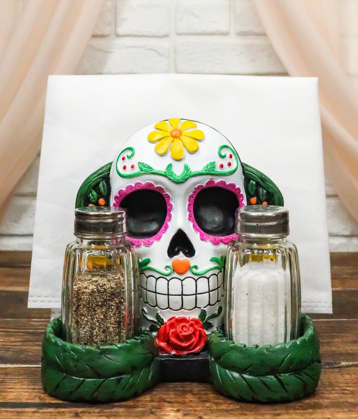 ebros gift Sugar Skull Day Of The Dead Gothic Rose Salt Pepper Shakers Napkin Holder Set