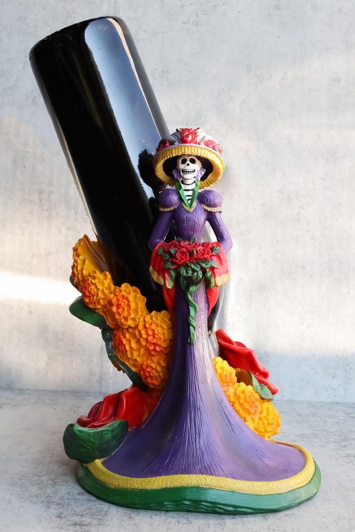 ebros gift Sugar Skull Day of The Dead Lady Catrina Roses And Florals Wine Holder Figurine