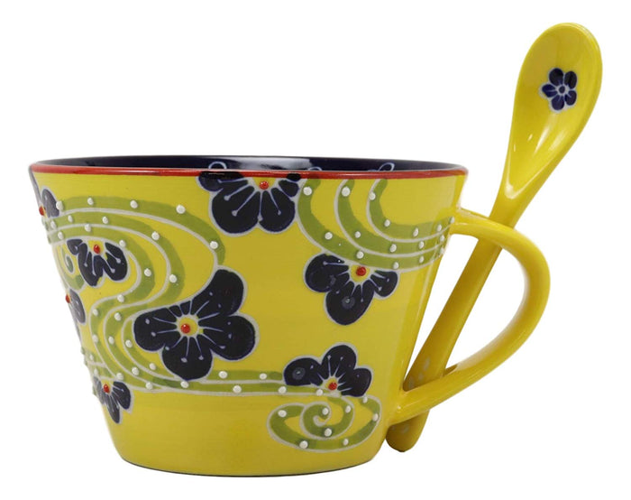 Ebros Gift Summer Floral Breeze Yellow Porcelain Coffee Tea Cafe Mug With Spoon Set Of 2