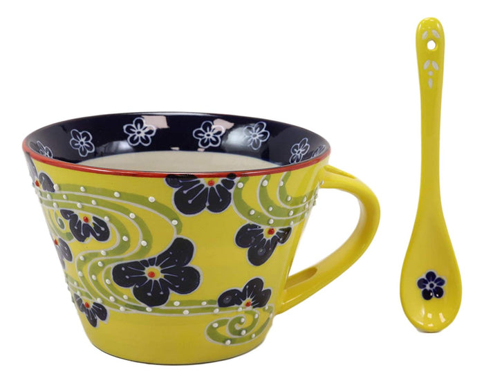 Ebros Gift Summer Floral Breeze Yellow Porcelain Coffee Tea Cafe Mug With Spoon Set Of 2