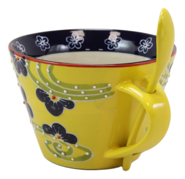 Ebros Gift Summer Floral Breeze Yellow Porcelain Coffee Tea Cafe Mug With Spoon Set Of 2