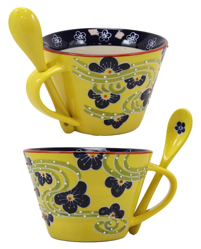 ebros gift Summer Floral Breeze Yellow Porcelain Coffee Tea Cafe Mug With Spoon Set Of 2