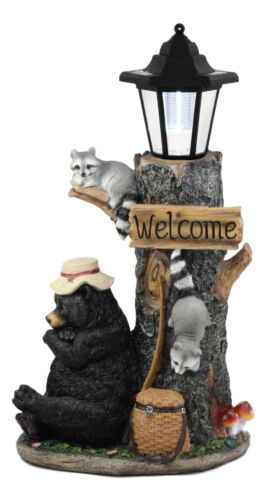 Ebros Gift Summer Naps Lazy Bear With Raccoon Friends Welcome Sign Statue With Solar Light