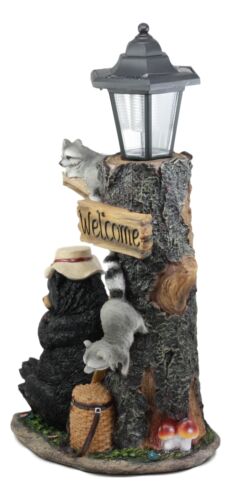 Ebros Gift Summer Naps Lazy Bear With Raccoon Friends Welcome Sign Statue With Solar Light