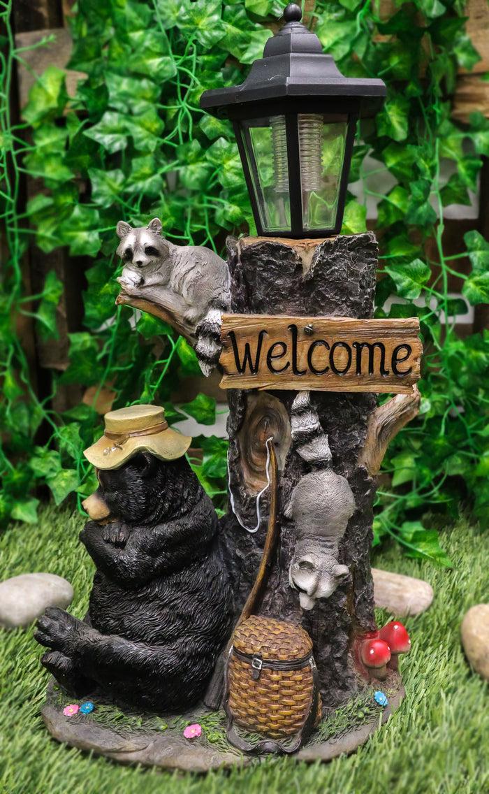 ebros gift Summer Naps Lazy Bear With Raccoon Friends Welcome Sign Statue With Solar Light