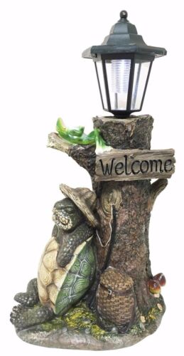 Ebros Gift Summer Turtle Tortoise & Frog Hiker Statue With Solar Powered Lantern LED Light