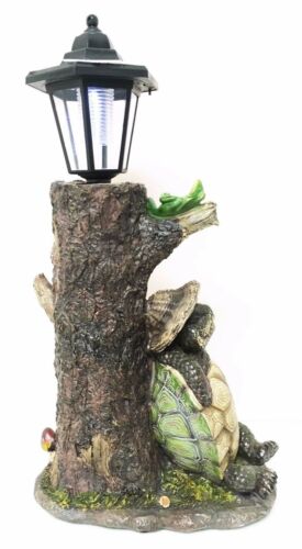Ebros Gift Summer Turtle Tortoise & Frog Hiker Statue With Solar Powered Lantern LED Light