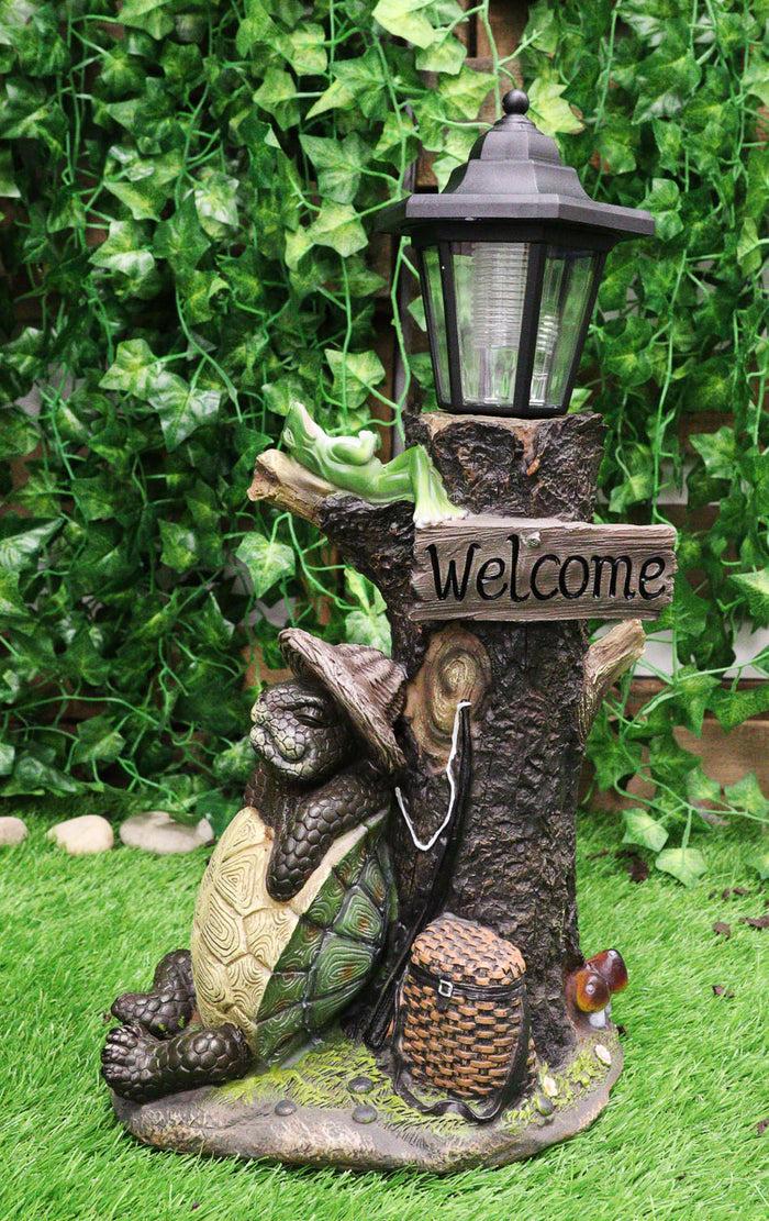 ebros gift Summer Turtle Tortoise & Frog Hiker Statue With Solar Powered Lantern LED Light