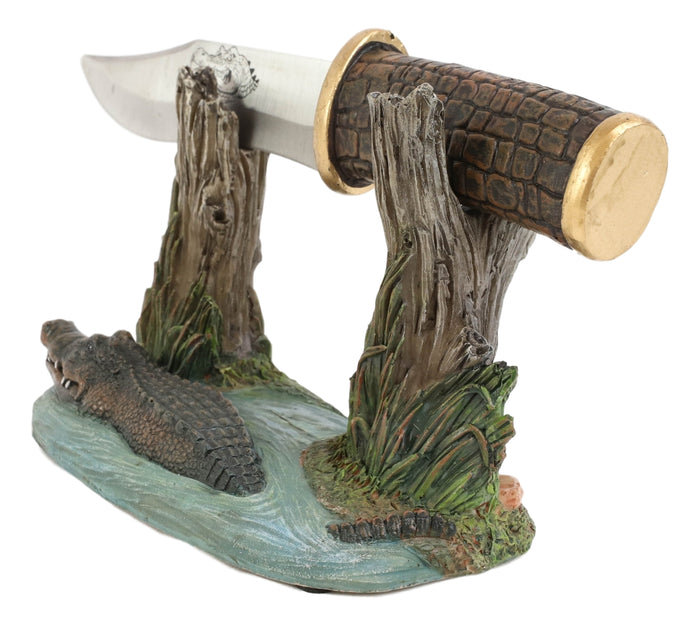 Ebros Gift Swamp Bayou Crocodile Alligator Display With Decorative Dagger Knife Statue Set