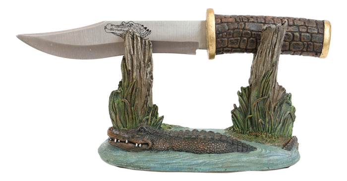 Ebros Gift Swamp Bayou Crocodile Alligator Display With Decorative Dagger Knife Statue Set