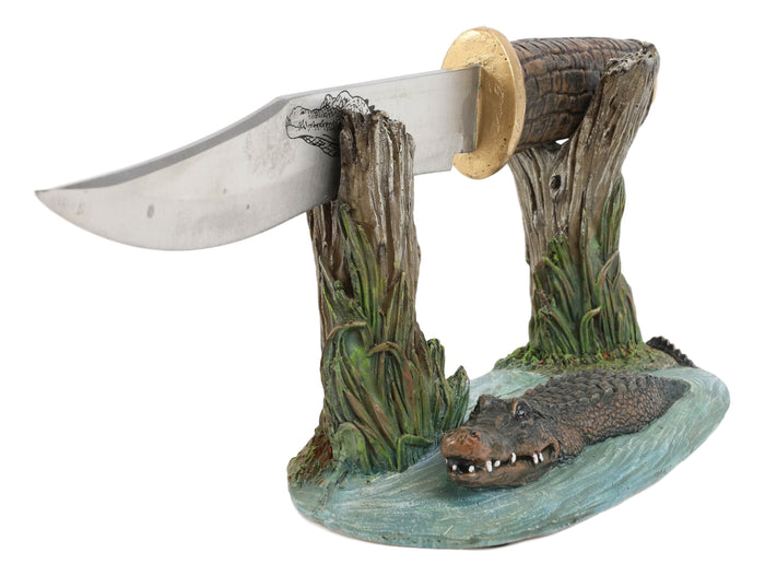 Ebros Gift Swamp Bayou Crocodile Alligator Display With Decorative Dagger Knife Statue Set