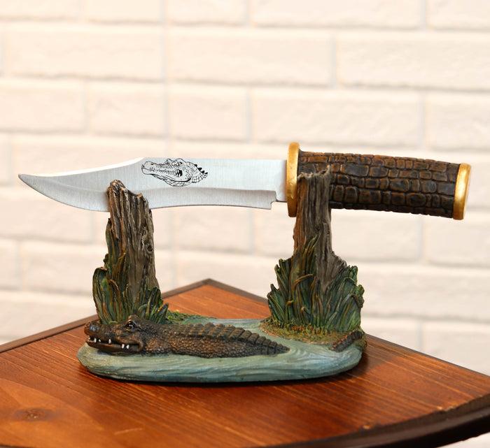 ebros gift Swamp Bayou Crocodile Alligator Display With Decorative Dagger Knife Statue Set