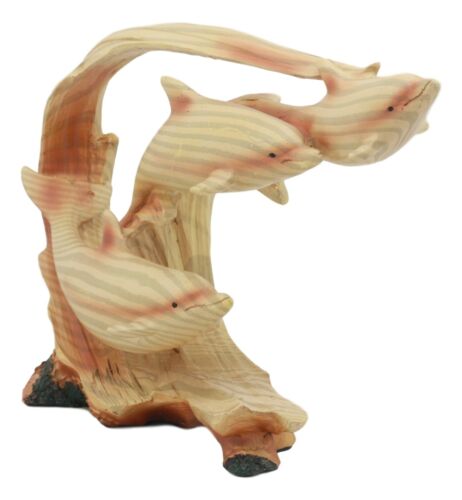 Ebros Gift Swimming Dolphin Family Statue 8"Long Faux Wood Resin Three Bottlenose Dolphins