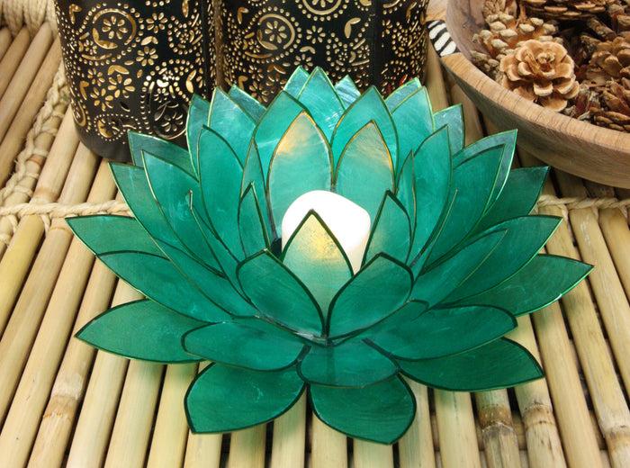 ebros gift Teal Green Capiz Seashells Lotus Flower Votive Tea Light Candle Holder 8.5"D