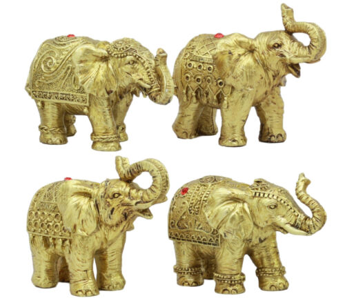 Ebros Gift Thai Golden Elephant Feng Shui Figurine Set Of 4 Trunk Raised Elephants 3.5"Long